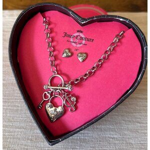 Juicy Couture Heart Lock & Key Charm Necklace 18" With Matching Stud Earrings